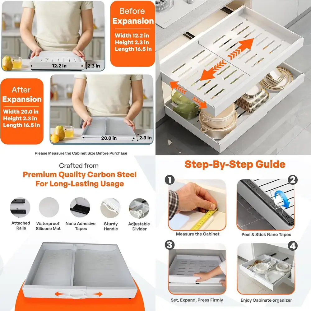 

Выдвижной органайзер с регулируемой шириной для кухонных шкафов, установка Easy Peel & Stick, диапазон 12,2-20, без дрели, белый