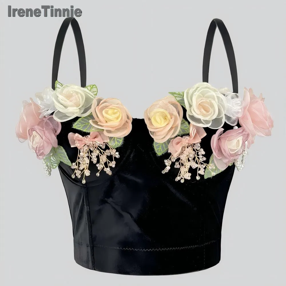 

IRENE TINNIE 2025 New Handmade Flowers Bustier Women Clothes Y2K Velvet Corset Top Bra Push Up Tops Praty Nightclubs Tops