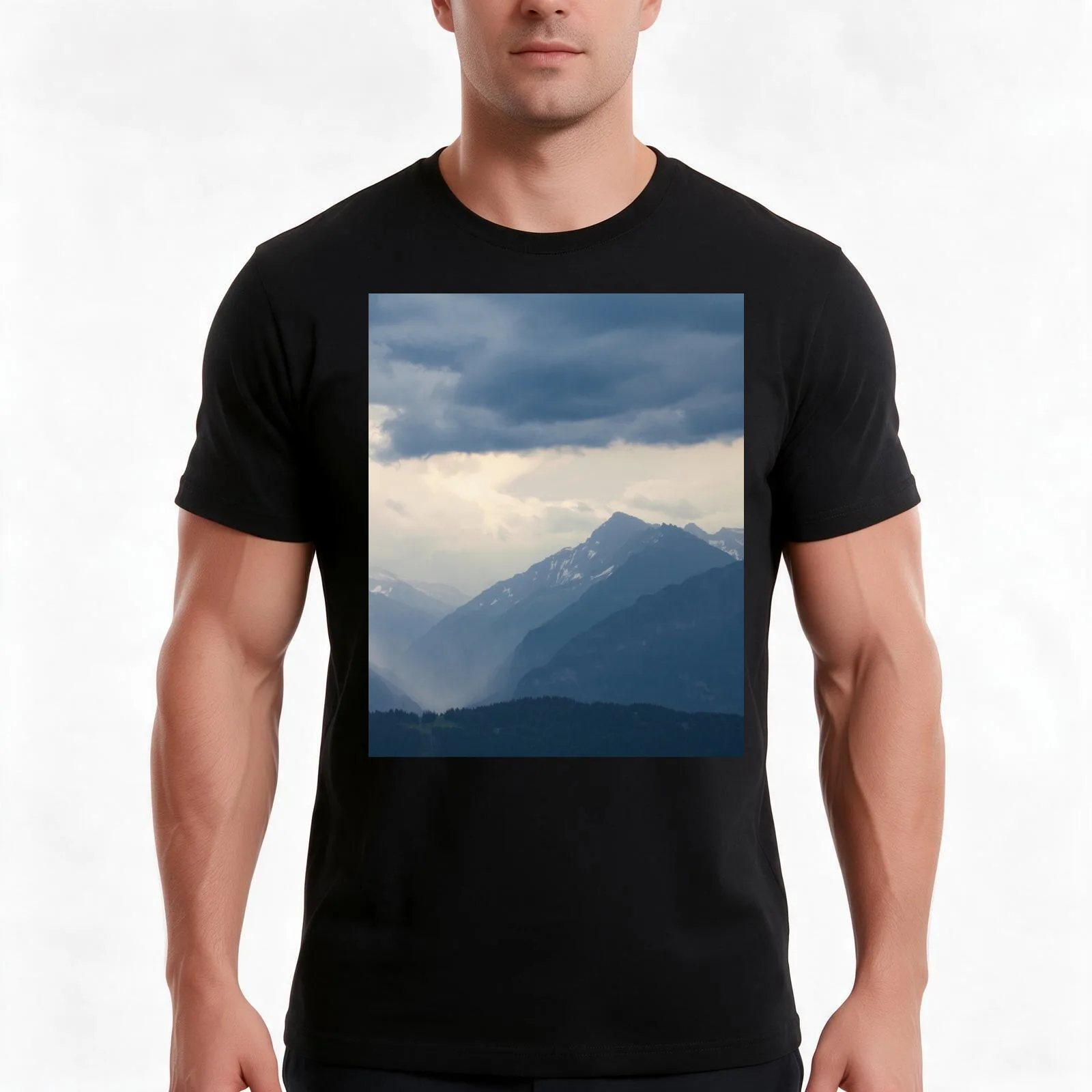 Misty Mountains T-Shirt, Summer Casual Cotton Tee, Oversized Streetwear Tops, Vintage Graphic Print, Loose Fit Short Sleeve