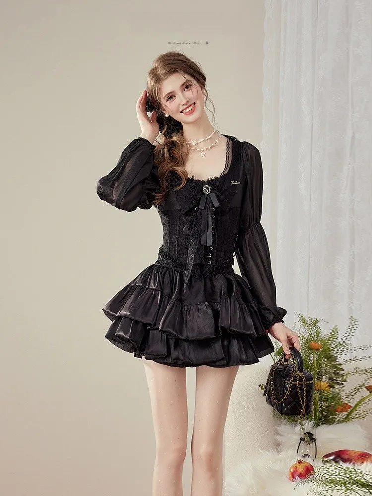 

Комплект из кружевного топа-бабл и пышной юбки в стиле ретро для женщин, универсальный крой, осенний повседневный вариант