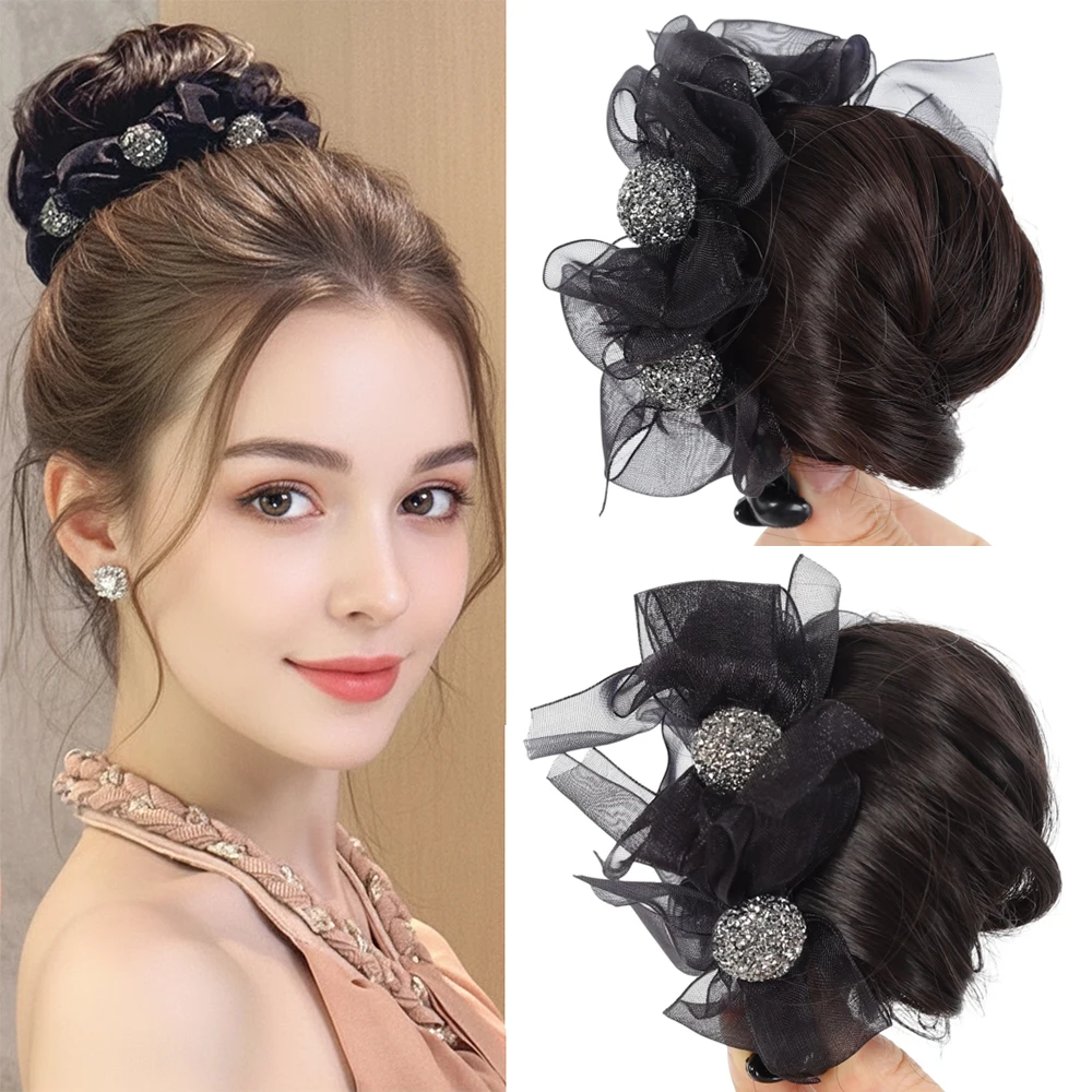 Synthetischer Glänzender Strass-Haarknoten mit Haarklammer, Haardonut, Künstliches Haar für Hochzeit, Party, Tägliche Frisur, Accessoire für Frauen