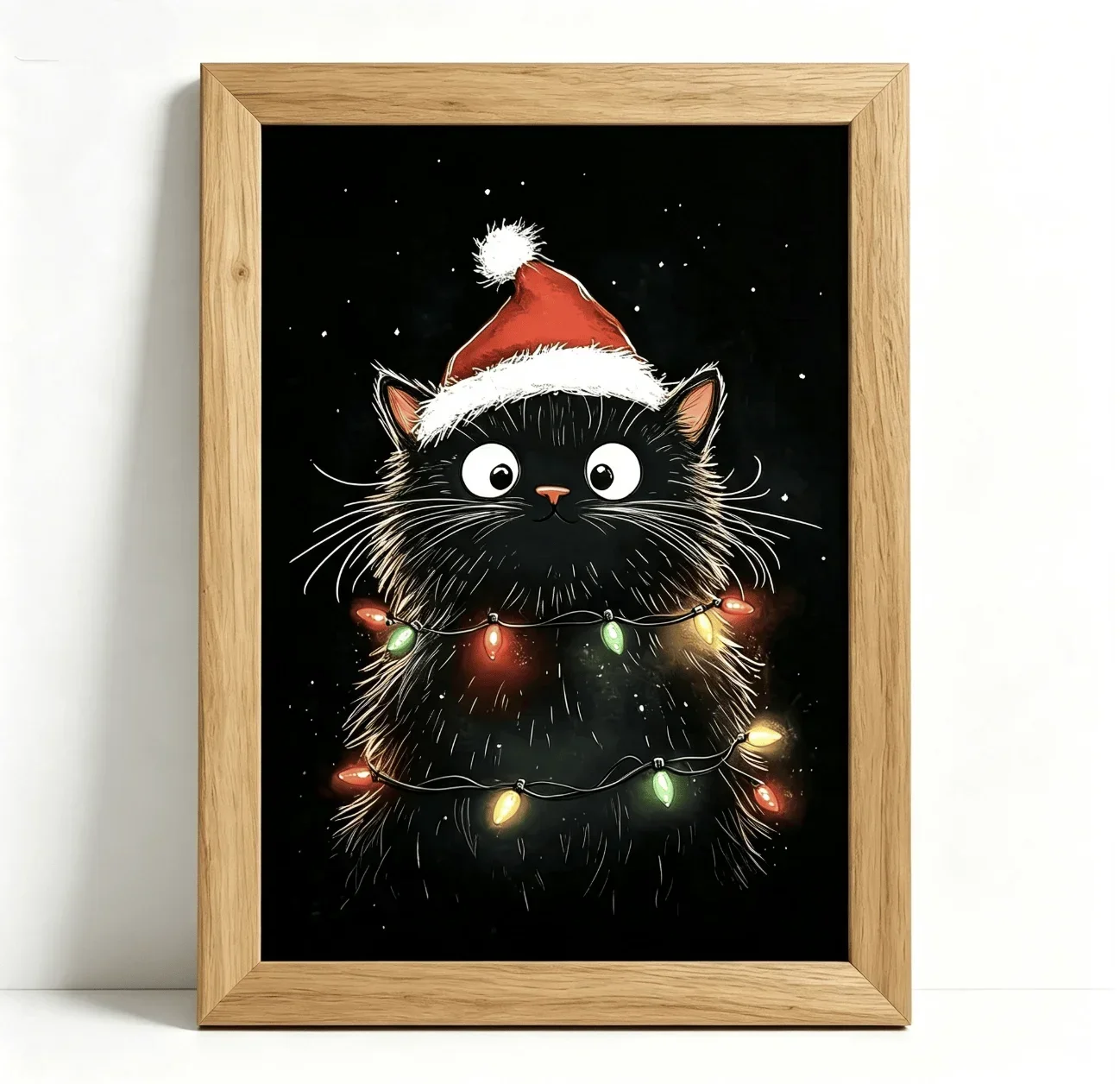 (No frame)Cartoon Black Cat with Santa Hat & Xmas Lights Canvas Wall Art Prints Poster, Winter Animal Art, Farmhouse Christma