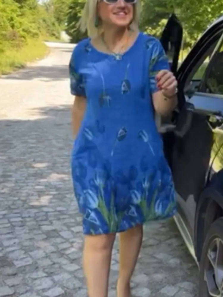 Damen-Kleid mit Blumendruck, lässig, O-Ausschnitt, kurze Ärmel, Pullover, Minikleider für Damen, modisch, Boho-Urlaubsrock, Damenbekleidung