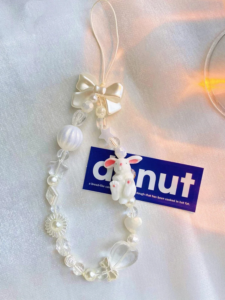 Chaîne de téléphone portable en forme de lapin, nœud papillon perlé de dessin animé, lanière de sac, pendentif porte-clés, chaîne de poignet, pendentif de voiture, breloque Unique, nouveau