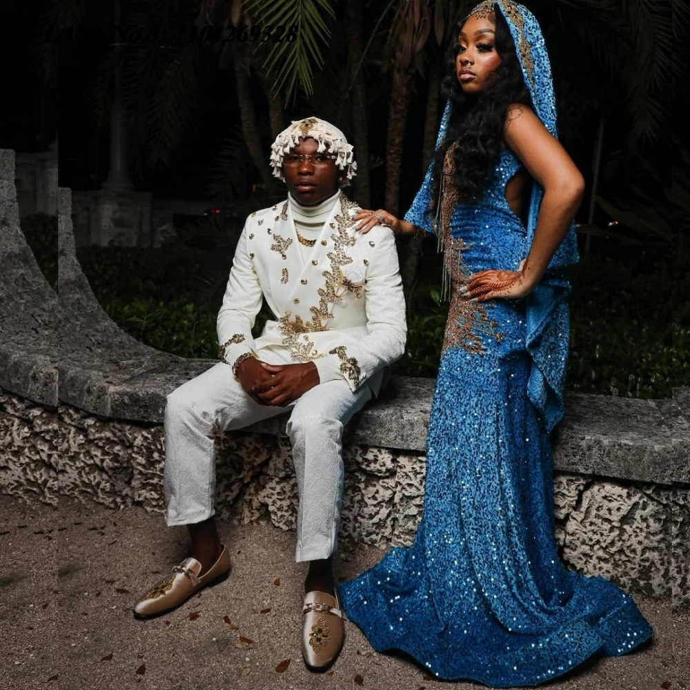 EVLAST 맞춤형 아프리카 블루 스팽글 인어 댄스 파티 드레스 반짝이는 크리스탈 비즈 케이프 아소 에비 파티 가운 로브 드 소와레 E3P554