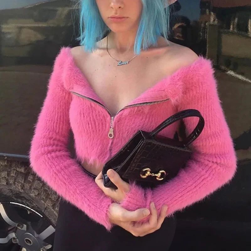 

Укороченный кардиган с воротником на молнии, розовая мягкая вязаная куртка в рубчик с застежкой-молнией, женская осенне-зимняя одежда Y2K 90-х годов для девочек-подростков