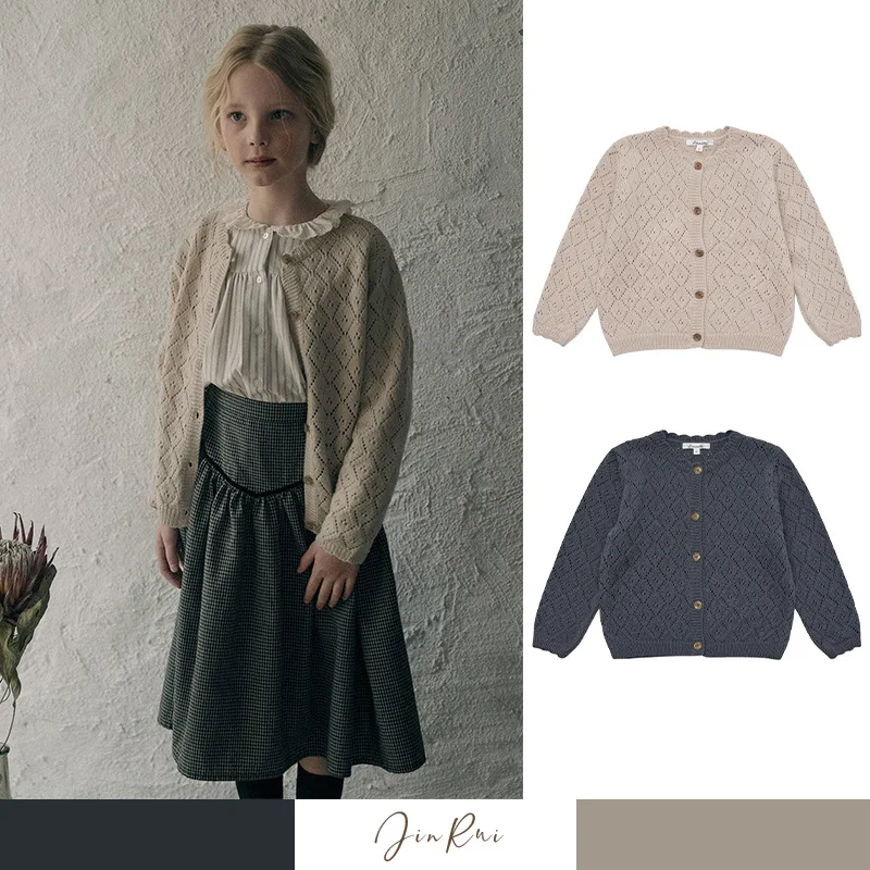 

2025 Autumn And Winter Girls' Cardigan Nordic Niche Wool Hollow Long Sleeved Knitted Cardigan Wool Sweater Jacket