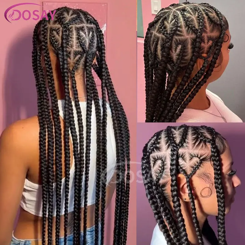 Pelucas trenzadas en forma de corazón sin nudos para mujeres negras, caja de trenzas falsas, peluca de aciano de encaje completo con cabello de bebé sintético