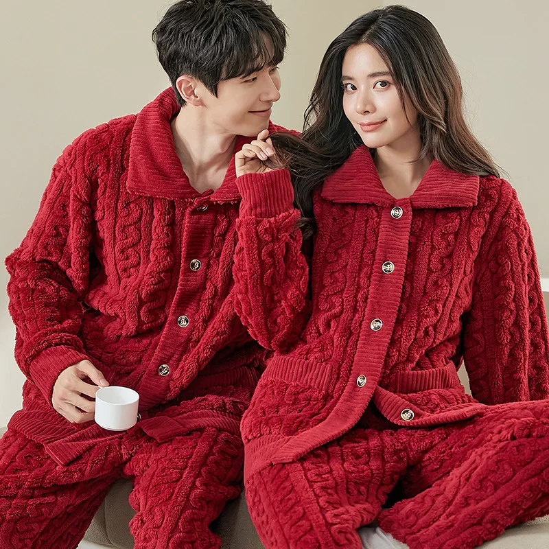 Cute Cartoon Couple Pajamas Sets Autumn Winter Sleepwear Plus Velvet Coral Fleece Thick Warm Suit Solid Color Female Homewear