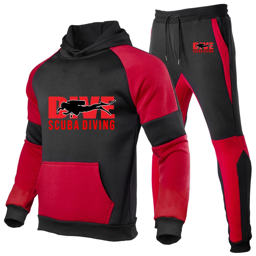 Scuba Diving Diver Logo Print Spring Autumn 2026 Men's Anti Collision Shirt Patchwork Hoodies Drawstring Long Pants Suits