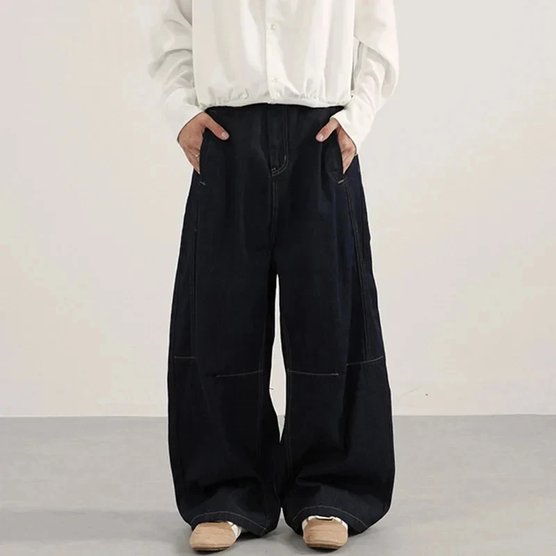 

Vintage Men's Jeans Solid Color Wide Leg New Streetwear Silhouette Curved Knife Pants Deconstruction Denim Bottom