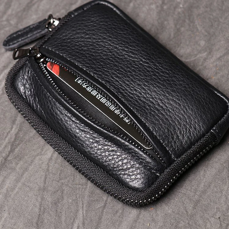 Genuine Leather Suitable for Men Women Pocket Wallets Mini Zipper Small Purses Retro Key Holder Money Bag Coin Change Purse