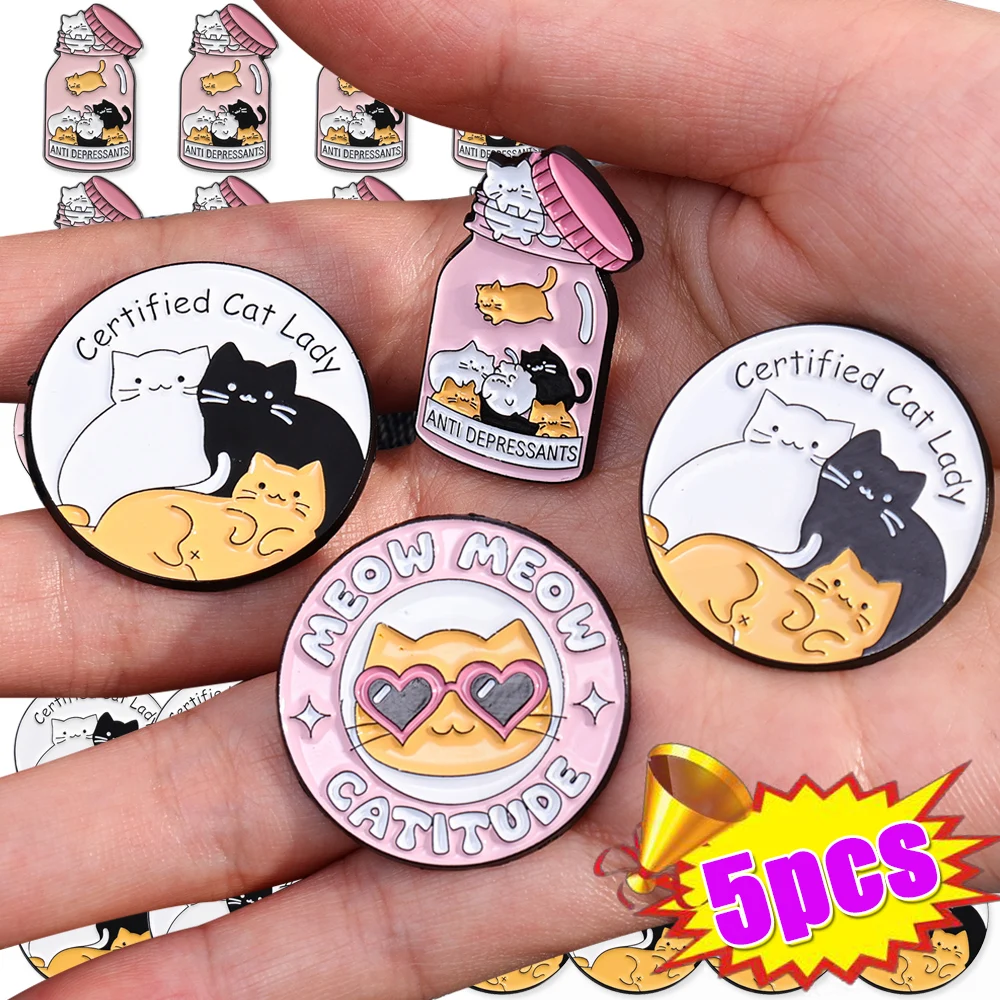 5pcs Jar Anti Depressants Cats Badge Bottle Mental Heath Enamel Pin Brooch Certified Cat Lady Meow Catitude Animal Pill Jewelry