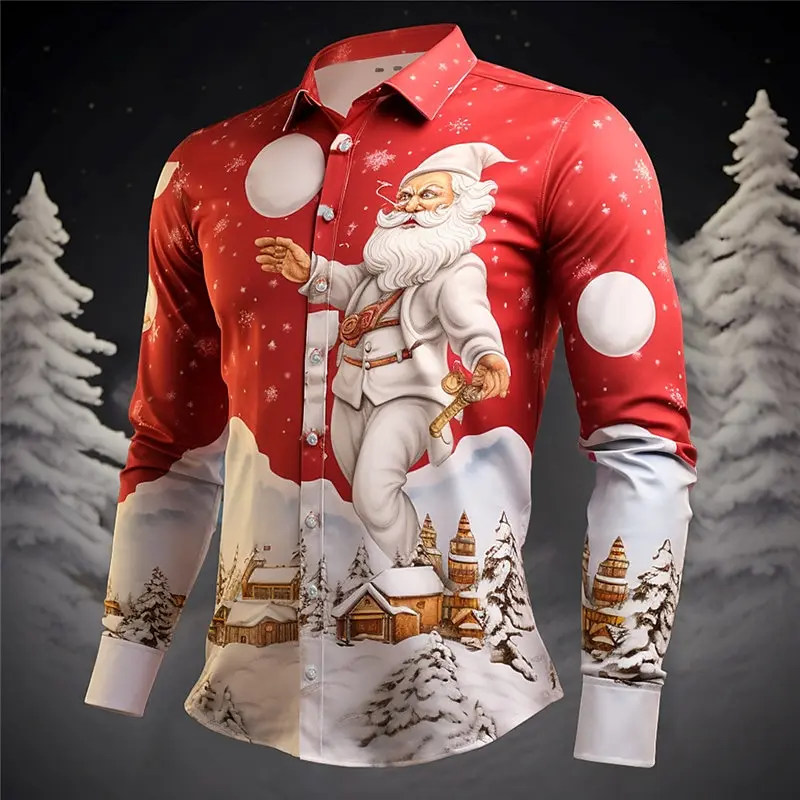 

2024 Santa Claus Family Fashion Men's Button Shirt Long Sleeve Evening Dress up Style Autumn/Winter Spring Shirt Flip Collar But