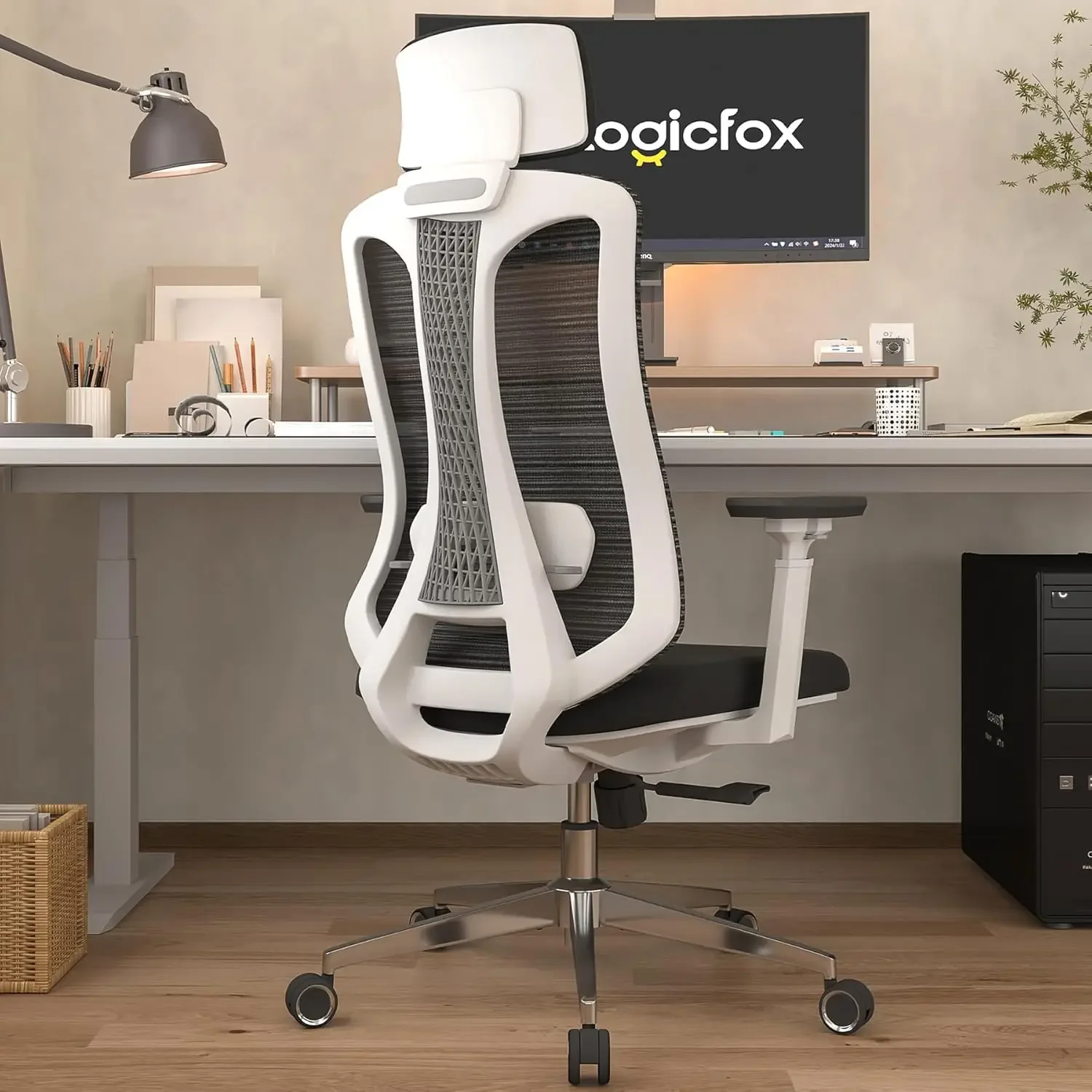 Bürostuhl, Computertischstuhl mit 3D-Armlehnen, verstellbarem Lendenkissen und verstellbarer Kopfstütze