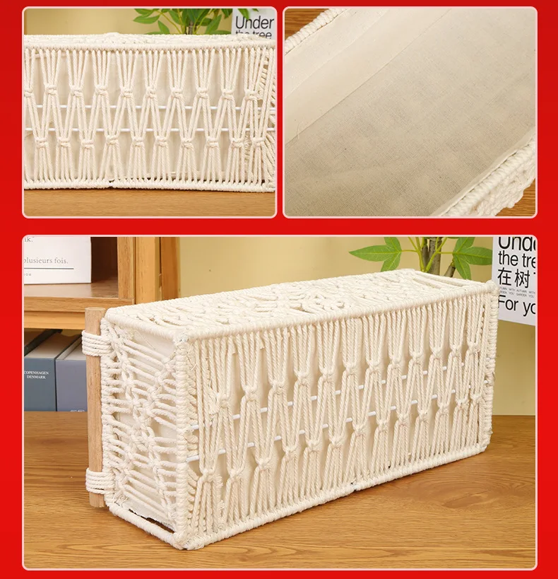 Bohemian Style Storage Containers Cotton Rope Hand Woven Rectangle Desktop Sundries Storage Basket Make Up Organizer