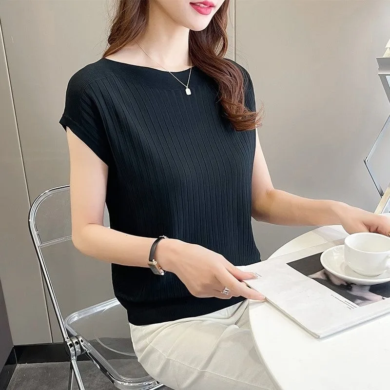 ฤดูร้อนถักเสื้อกันหนาวแขนกุดผ้าไหมน้ําแข็งสีทึบเกาหลีแฟชั่นสไตล์ Tee Casual O คอเสื้อผ้าหญิง