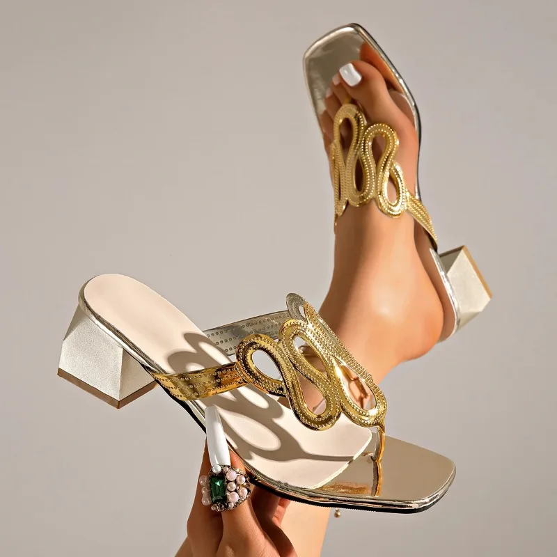 

Women's 2026 Summer New Outdoor Sexy Square Toe Block Heel Single Strap High Heels French Slippers