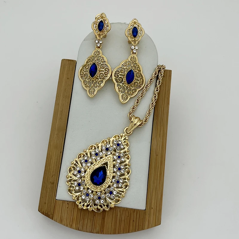 Royal Blue Water Drop Pendant Necklace Chain Gold Plated Jewelry Set Morocco Algeria Wedding Jewelry Birdal Luxury Wome Gifts