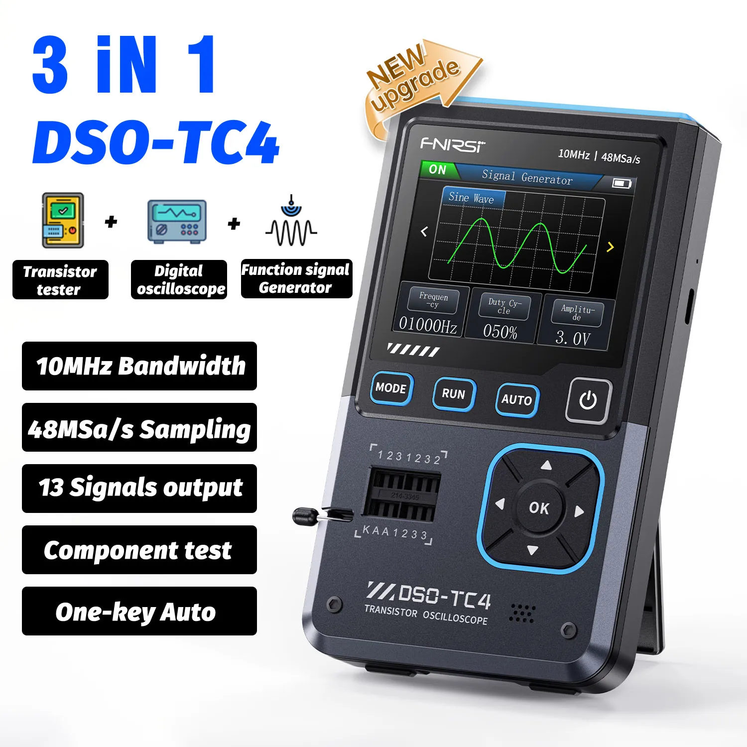 FNIRSI DSO-TC4 Peningkatan Osiloskop Digital 3 In 1 10MHz 48Ms/s Penguji Transistor Penguji Komponen Elektronik Alat Pengisi Daya USB