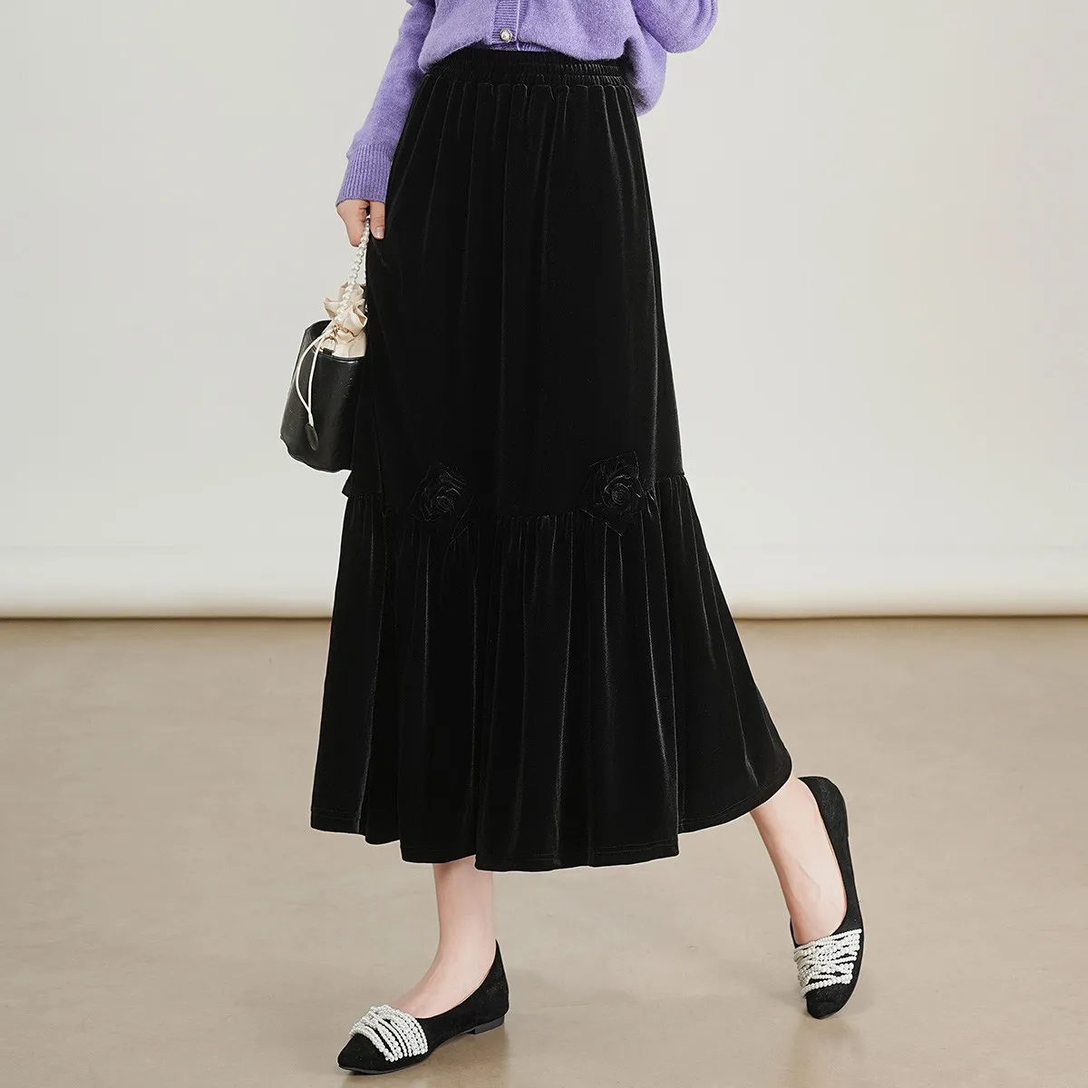 LOUIS YAO nueva moda de terciopelo media falda larga de mujer 2025 Otoño/Invierno diseño de cintura elástica de flores falda de diseño Retro Original