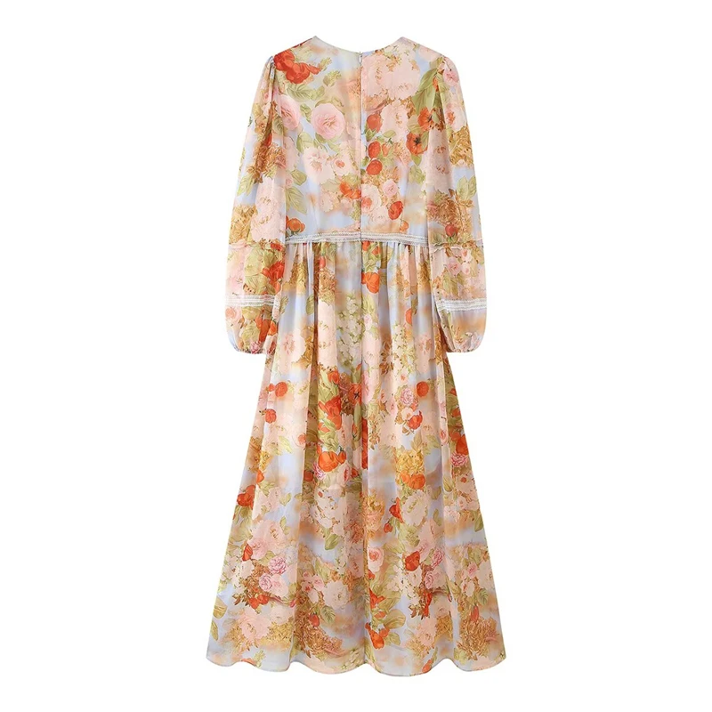 Keyanketian outono novo estilo de férias feminino manga comprida decoração de renda em camadas com decote em v vestido de impressão floral saia longa