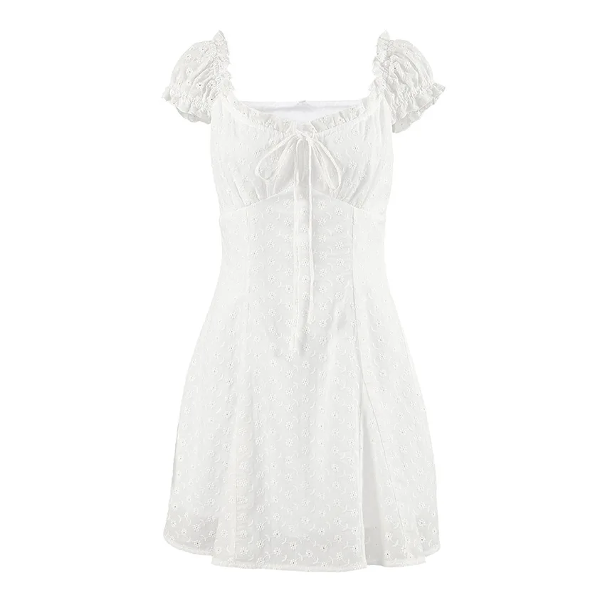 French Style White Lace Trim Short Sleeve Dress 2025 Summer A Line Bow Tie Casual Mini Dress