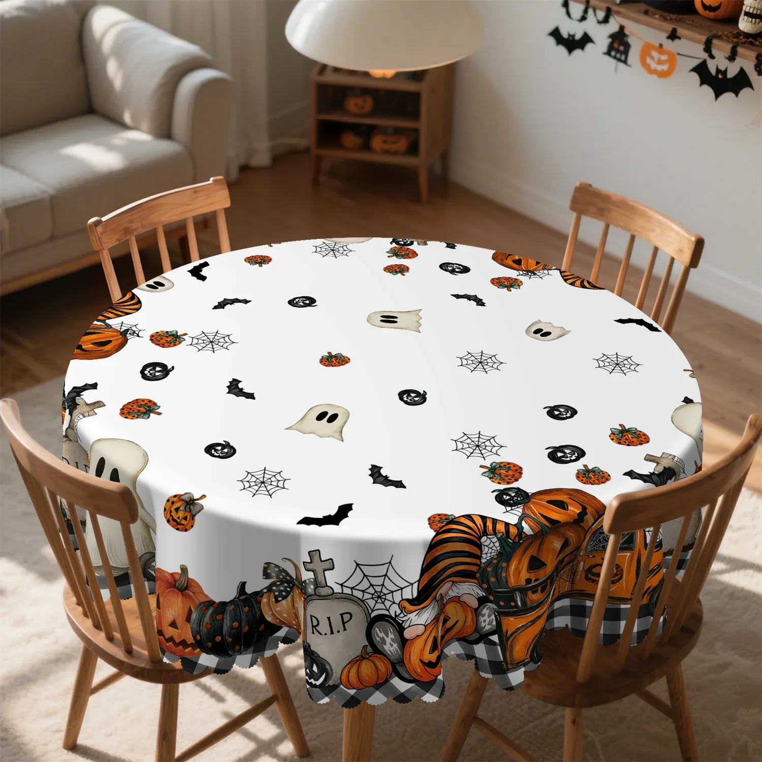 Buffalo Gobo Dot Pumpkin Ghost Dwarf Graveyard Bat Truck Halloween Tablecloth 1-Pack Suitable for Indoor and Outdoor Usexzj