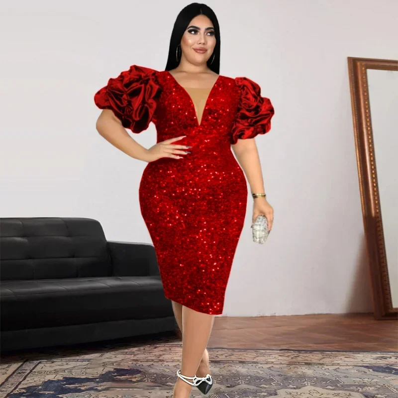 

Women Plus Size Sexy V-neck Dresses Stacked Sleeve High Waist V-back Party Sequined Clothing Pile Up One Step Dark Green Red