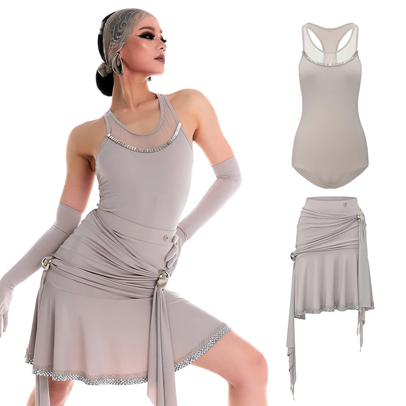 Trajes DUYQ 2026, Vestido de Baile Latino, Mono sin Mangas, Falda, Chachachá, Rumba, Samba, Vestido de Baile Latino, Disfraces de Actuación DN23049