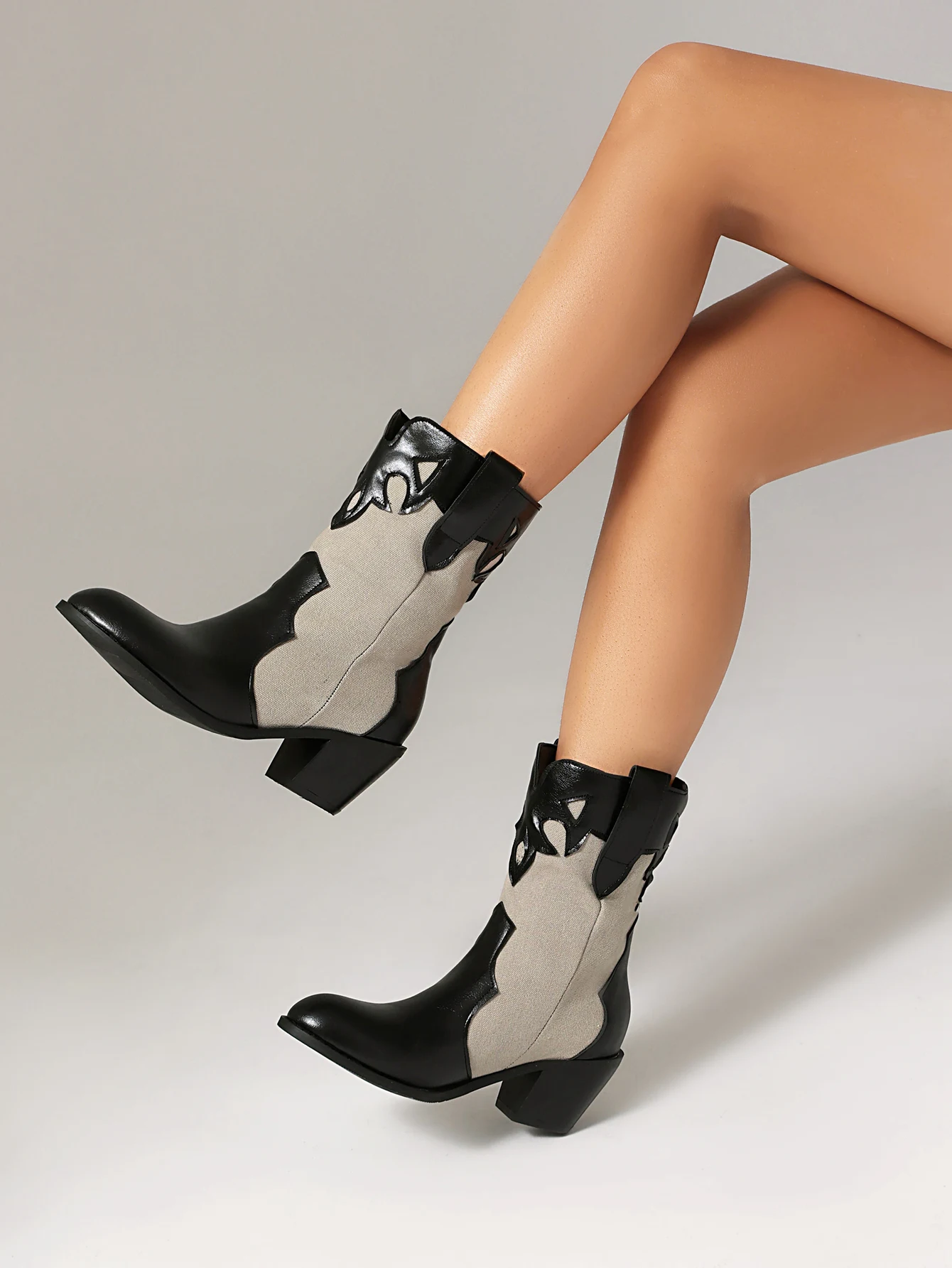 

Multi-color Hand-made 6CM Retro Chunky Heel Round Head Matte PU Stitching Knight Mid Barrel Ankle Boots