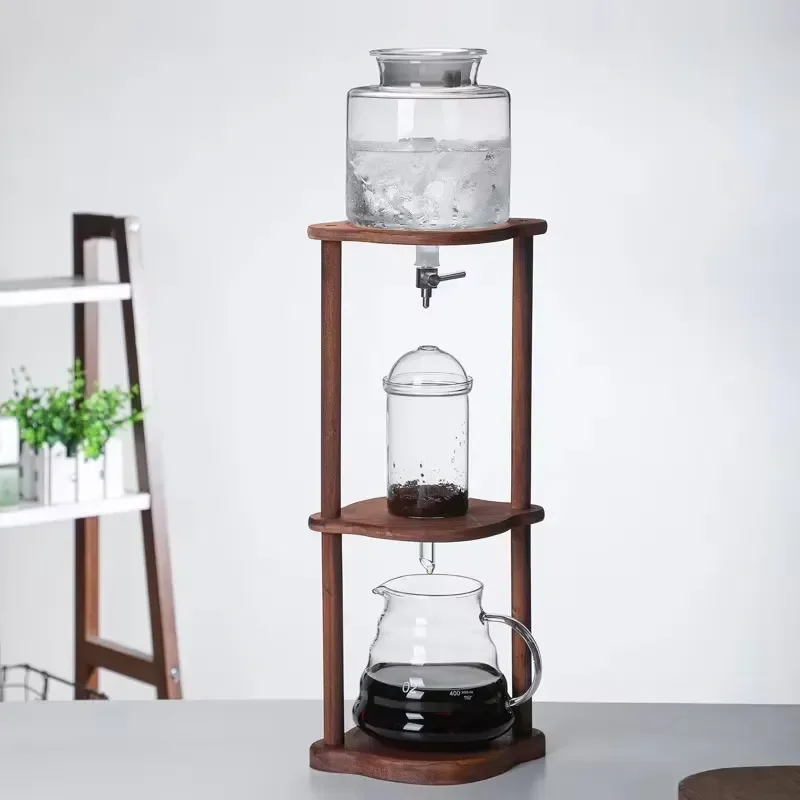 Handmade Wooden Stand Borosilicate Glass Cold Brew Coffee Maker Ice Tower Drip System for Home Brewing Fresh Iced Coffee