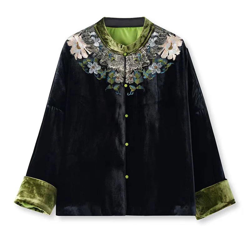 High End Winter Silk + Velvet Coat New Chinese Style O-Neck Embroidered Women\'s Thick Contrast Colored Cuffs Cotton Jacket S-XL