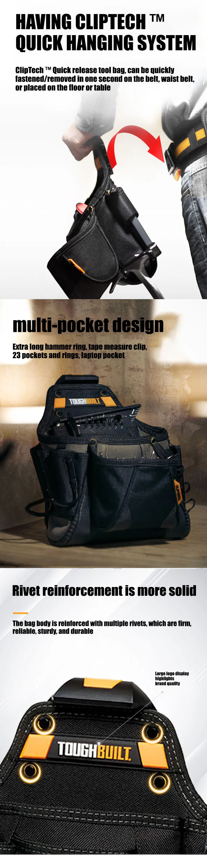 TOUGHBUILT Werkzeugtasche für Handwerker, großes Werkzeugset zum schnellen Aufhängen für Holzarbeiten, Werkzeugtasche mit großem Fassungsvermögen, TB-CT-01 – Detail 2