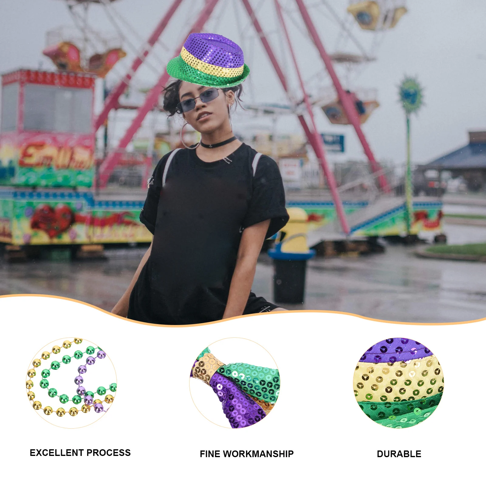 

Sequin Hat Bow Tie Necklace Set Mardi Gras Carnival Costume Decorations Party Props Stage Accessories Lightweight Durable