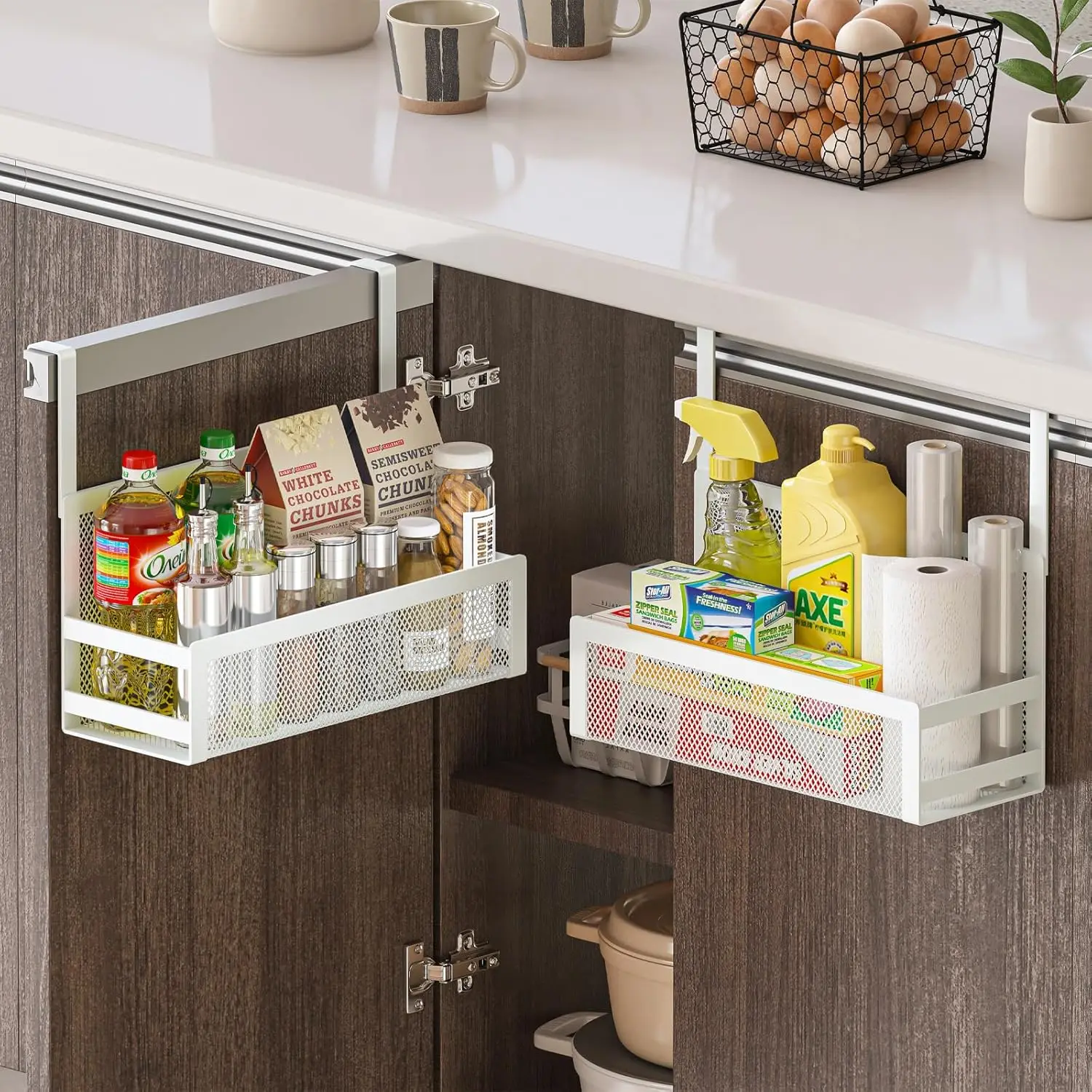 

Hanging Kitchen Baskets Fine Mesh Wire Storage Basket Over Cabinet Door Organizer No Drilling Required for Kitchen Bathr