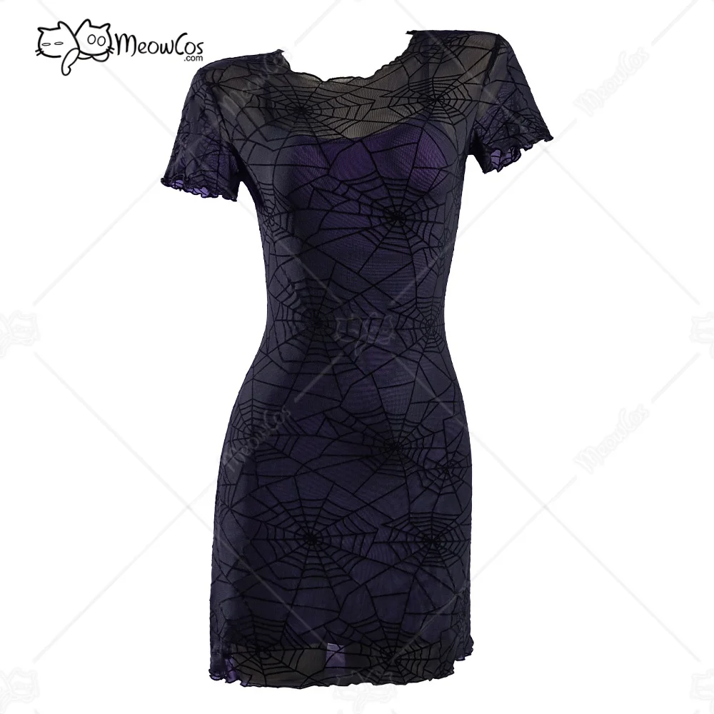 

MEOWCOS Women's Bodycon Dress Spider Web Print Gothic Punk High Collar Short Dress with Long Arm Covers
