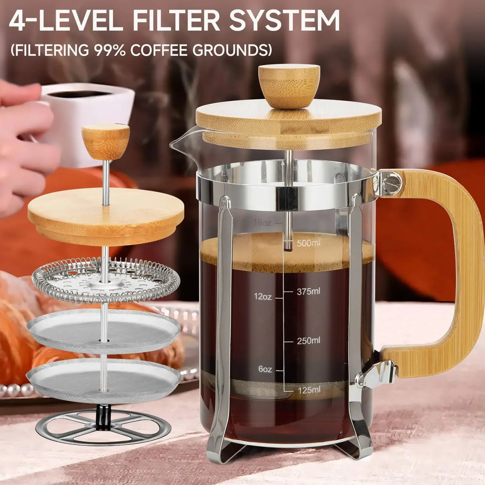 

350/600ml French Press Coffee Maker,Durable Bamboo Lid Handle Coffee Pot With Filter System,Heat Resistant BPA-Free Glass Teapot