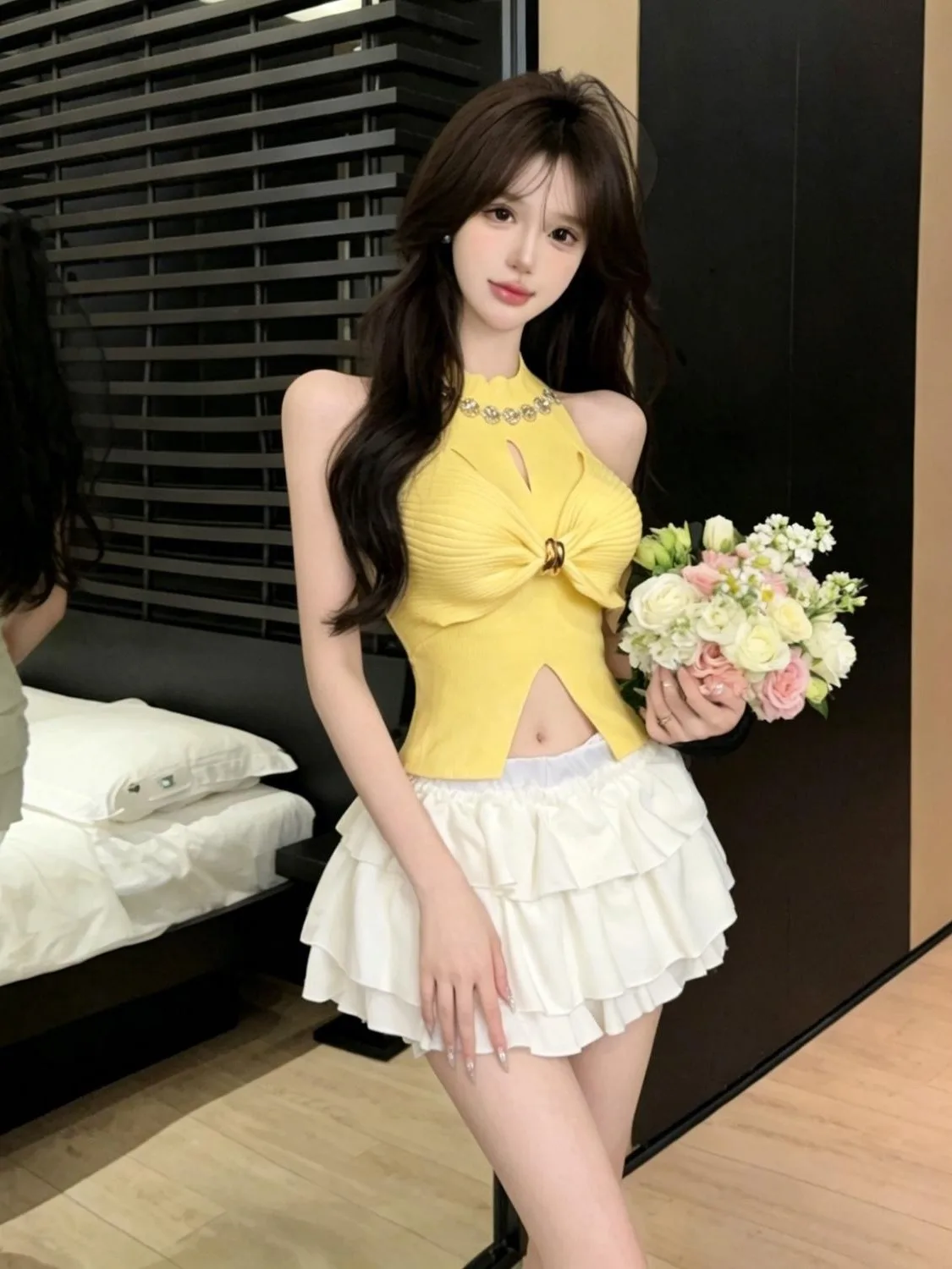 

Summer New Style Hot Girl Knitted Set Diamond Embellished Sleeveless High Waist Puffy Short Skirt Two Piece Set Fashionable E...