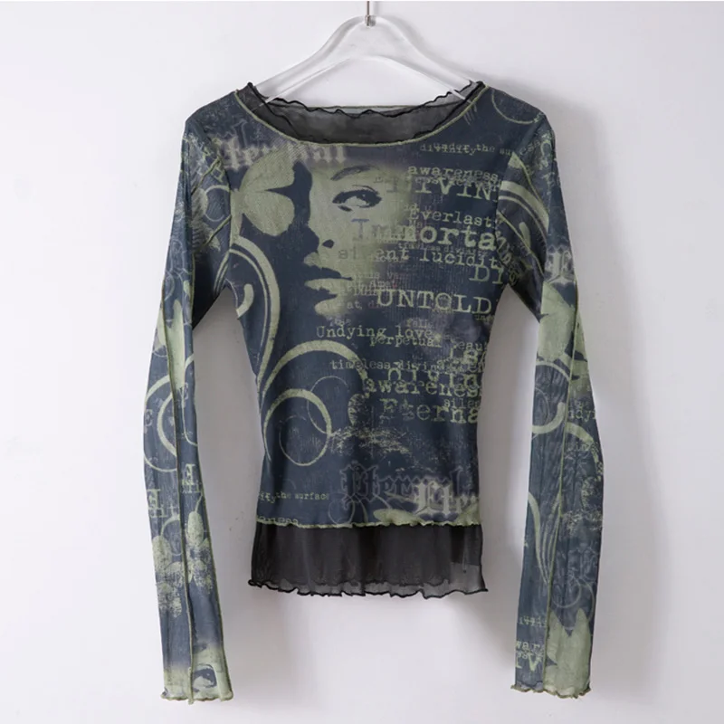 

Design Avatar Plant Print Fake Two-piece Mesh Long-sleeved T-shirt Summer Stretch Bottoming Shirt