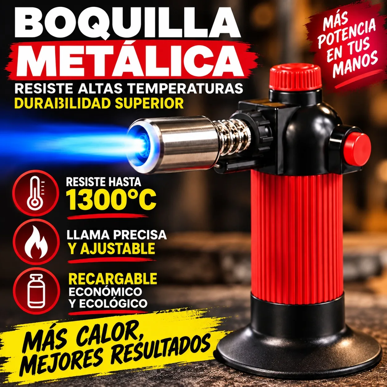 Soplete de Cocina Profesional Antorcha de Gas Recargable para Repostería y Barbacoa con Boquilla Metálica de Alta Resistencia Regulador de Llama Ajustable y Base Antideslizante Color Rojo