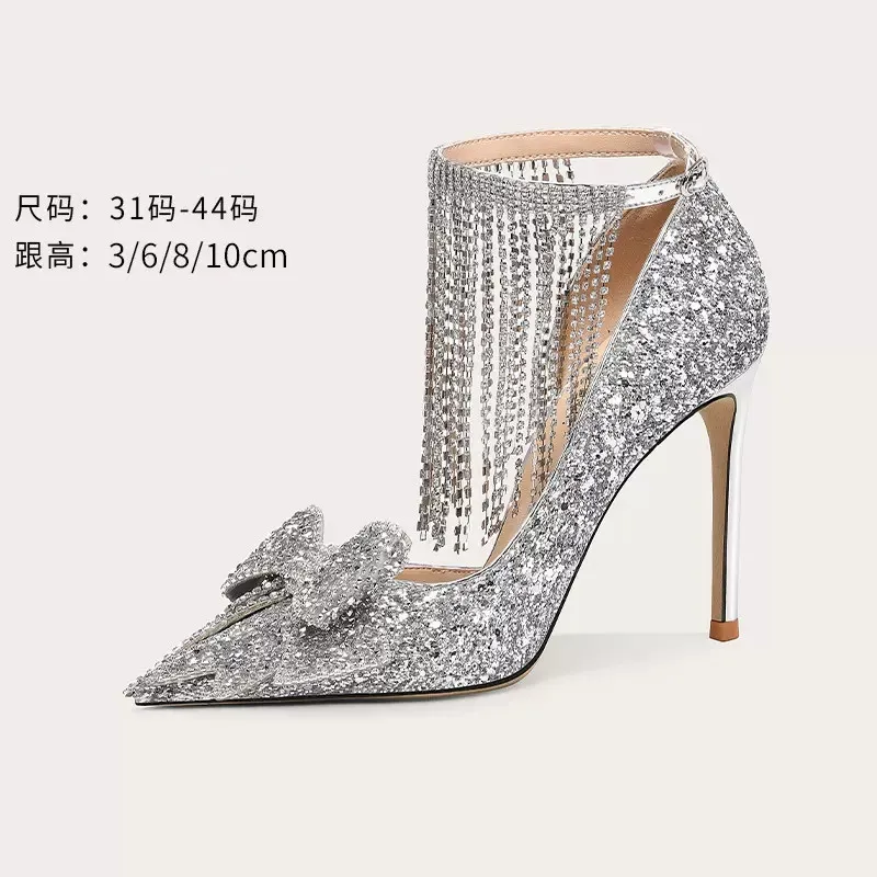 Spring and summer new pointy sequin rhinestone tassel butterfly sandals stiletto banquet dress large and small women single shoe