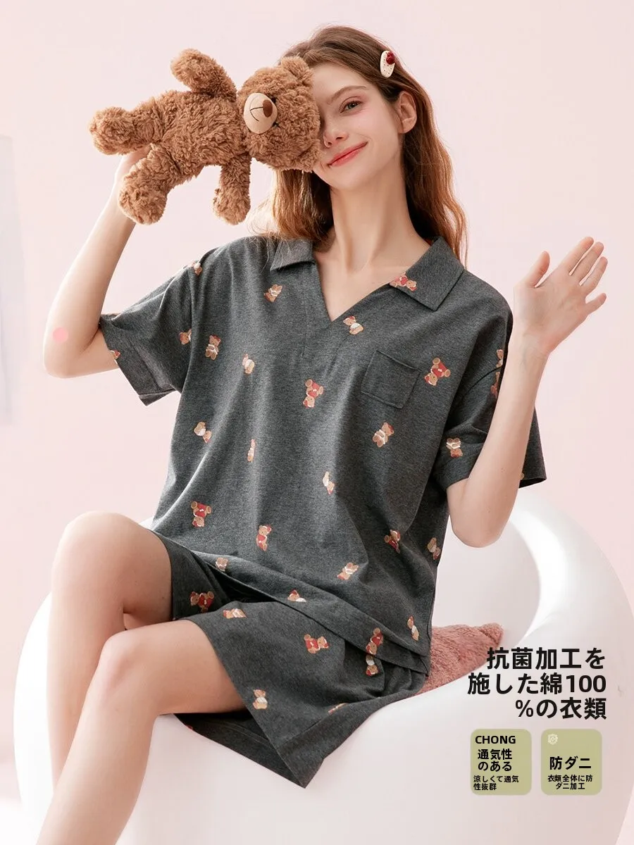 fenteng-women's-summer-sleepwear-pure-cotton-loose-short-sleeve-collared-shorts-home-clothes-outwear-cute-bear-print