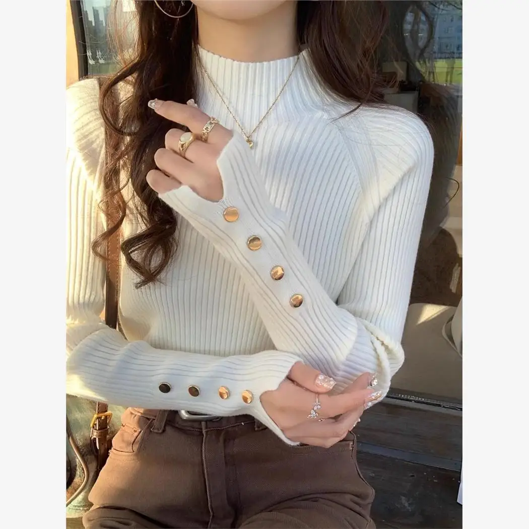 

Ele White Knitted Base irt f High Collar Sweater Early Autumn Lightweight Luxury Sle Suitable for Small Stature Tr...