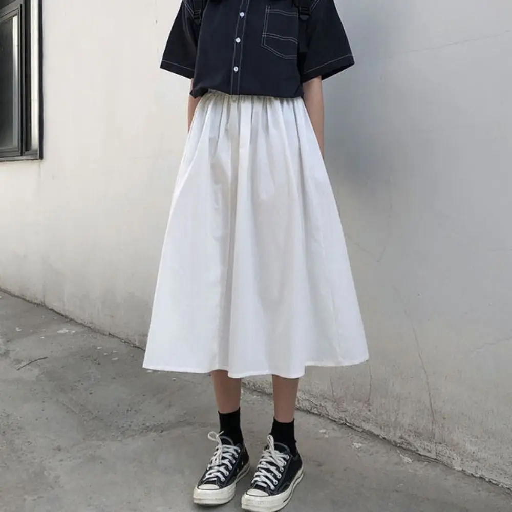 Rok Panjang Wanita High Waist Warna Solid, Rok Panjang High Waist Chic Patchwork Longgar Model A-line, Gaun Setengah Panjang untuk Sehari-hari