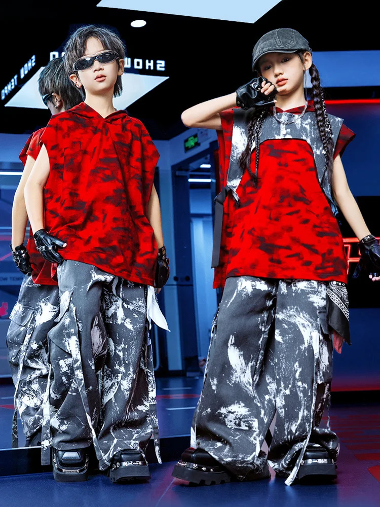 

Kid Kpop Hip Hop Clothing Red Camo Hoodie Tank Top Gray Tie Dye Vest Strap Casual Cargo Pants for Girl Boy Dance Costume Clothes