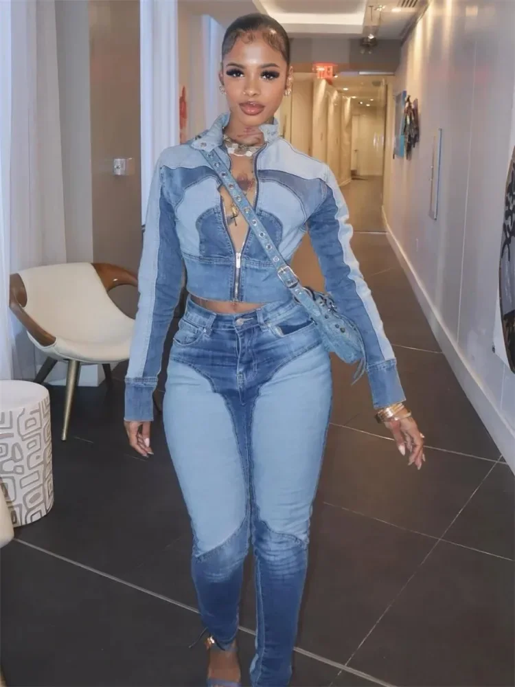 

EOENKKY джинсовый комплект из 2 предметов, женский спортивный костюм на пуговицах в стиле пэчворк, укороченное пальто на молнии с длинными рукавами + узкие ручки, повседневная трендовая уличная одежда