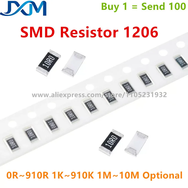 100pcs/lot 1206 1% SMD Resistor 0R-10M 0.33R 1R 3.3R 4.7R 10R 22R 47R 68R 100R  330R 910R 1K 10K 33K 200K 390 470K 820K 1M 4.7M