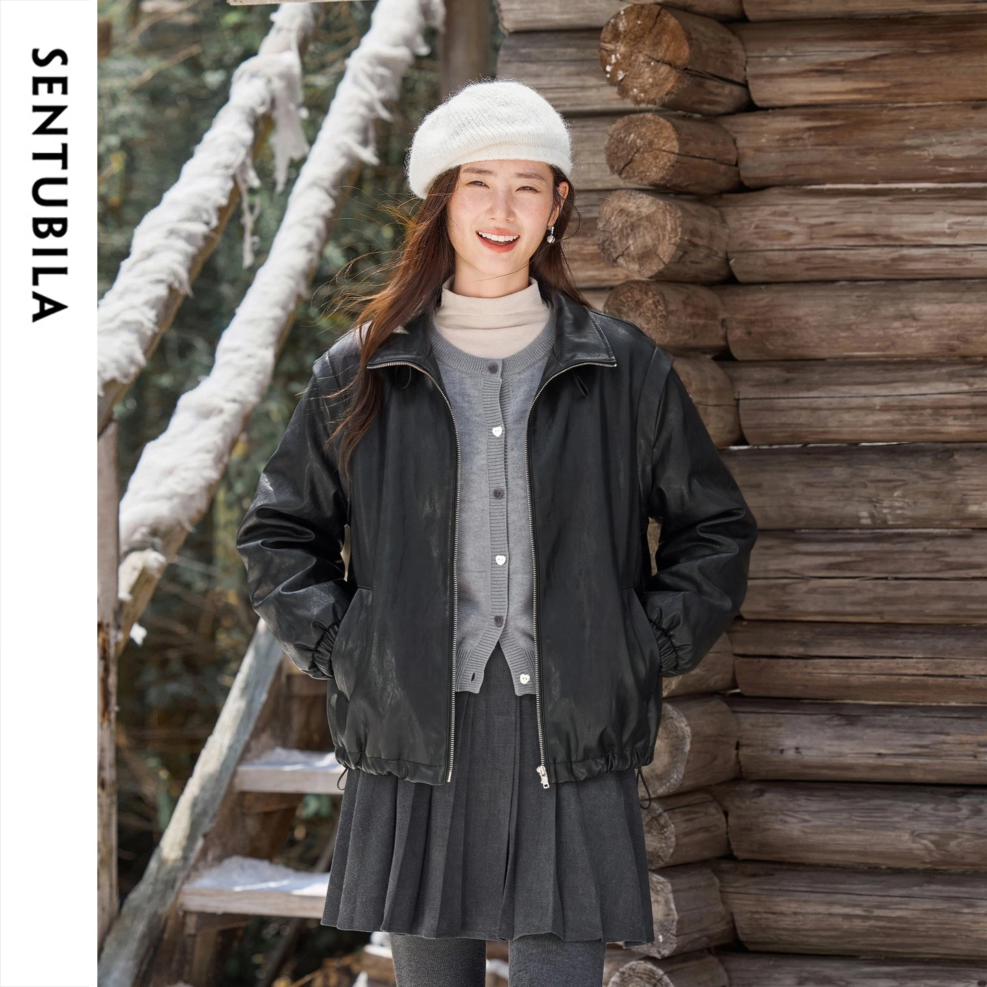 SENTUBILA Women's Leather Look Down Jacket 2026 Winter New Goose Down Detachable Sleeves 2‑in‑1 Vest Warm Outerwear W64YC8110