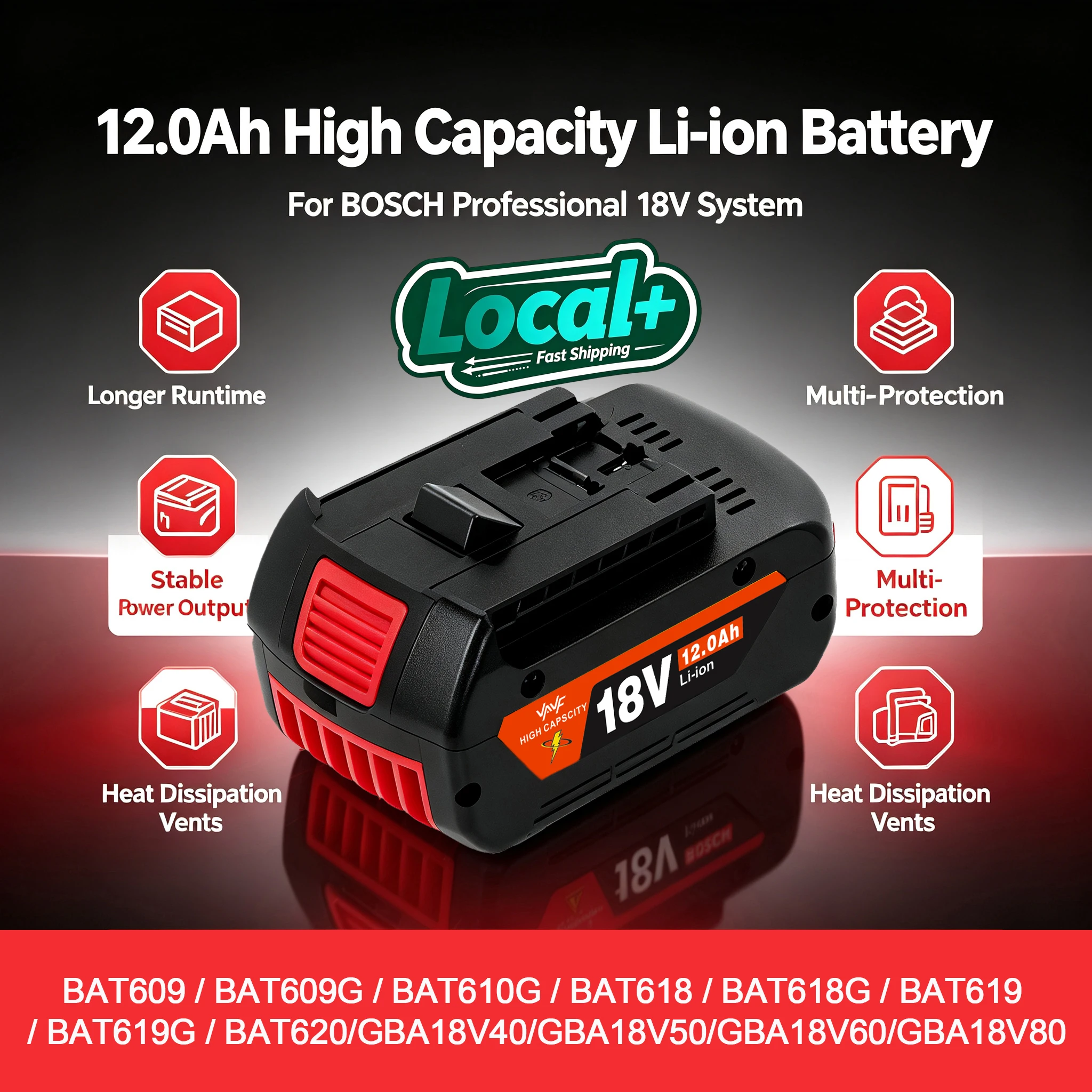 Lokaler Lagerbestand 18V 12.0Ah Ersatz-Lithium-Akku für Bosch BAT618G BAT622 BAT609, passend für GSA18‑V‑LI GHO18‑V‑LI GCM18‑V‑LI GST18‑V‑LI, Überlade- und Überstromschutz, wiederaufladbarer Akku für
